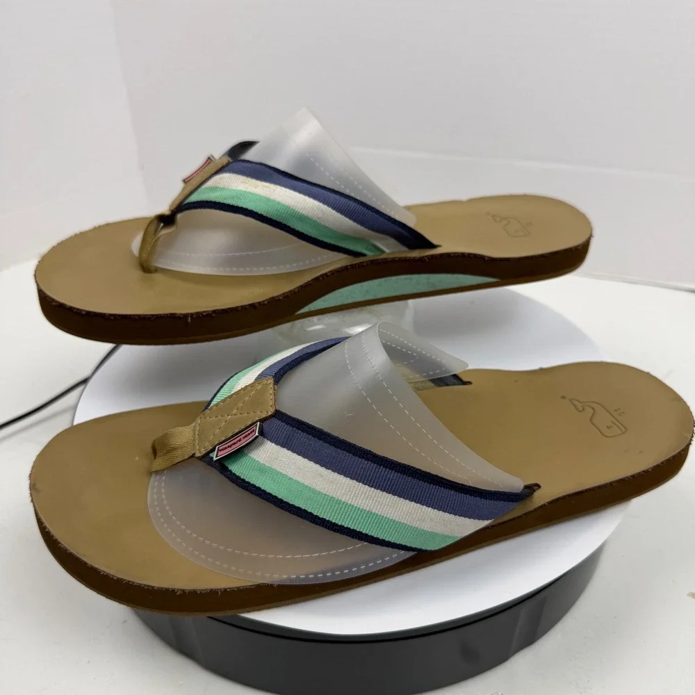 Vineyard Vines Mens Flip Flop Sandals Striped Webbing Tan Navy Green Size 11